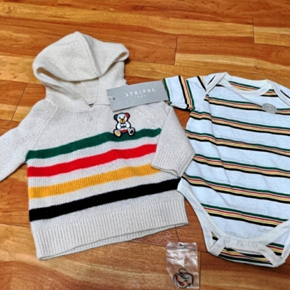 Cashmere Hudson's Bay stripes Baby sweater & cotton Onsie, Sz 0-6m - Picture 2 of 8